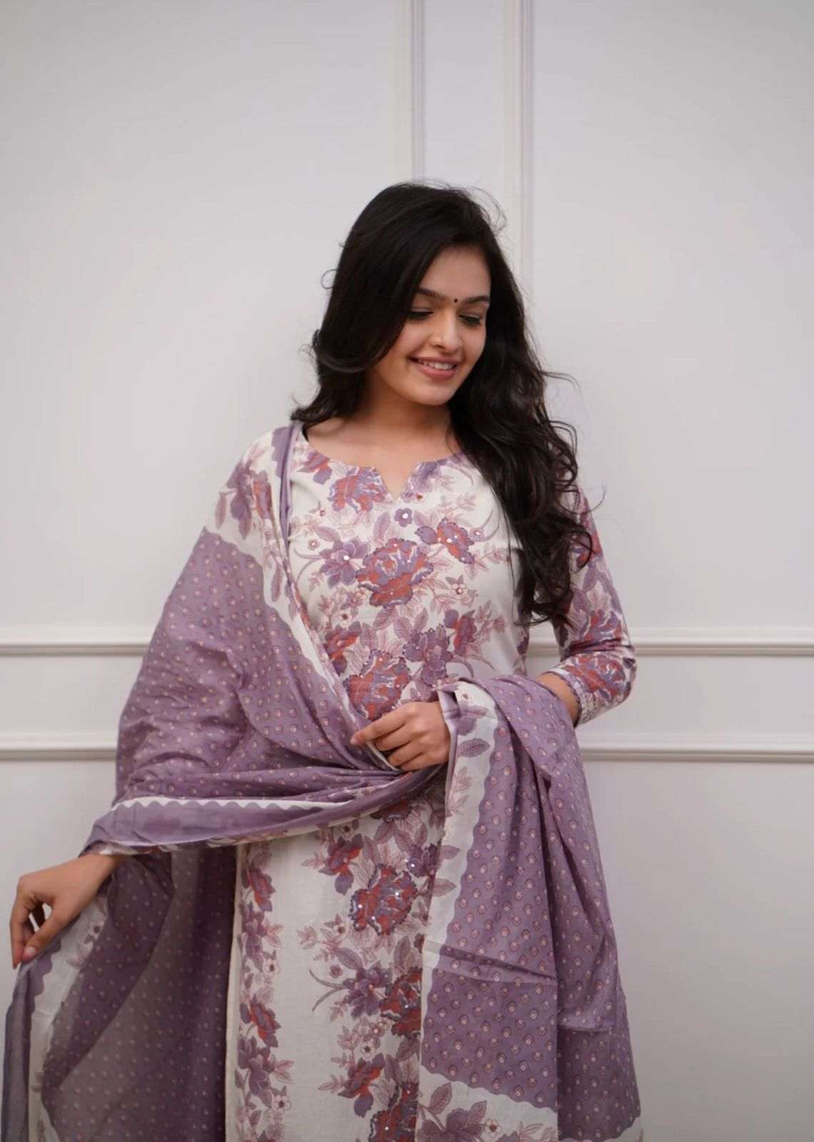 Floral printed sequence work cotton kurti set