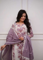 Floral printed sequence work cotton kurti set