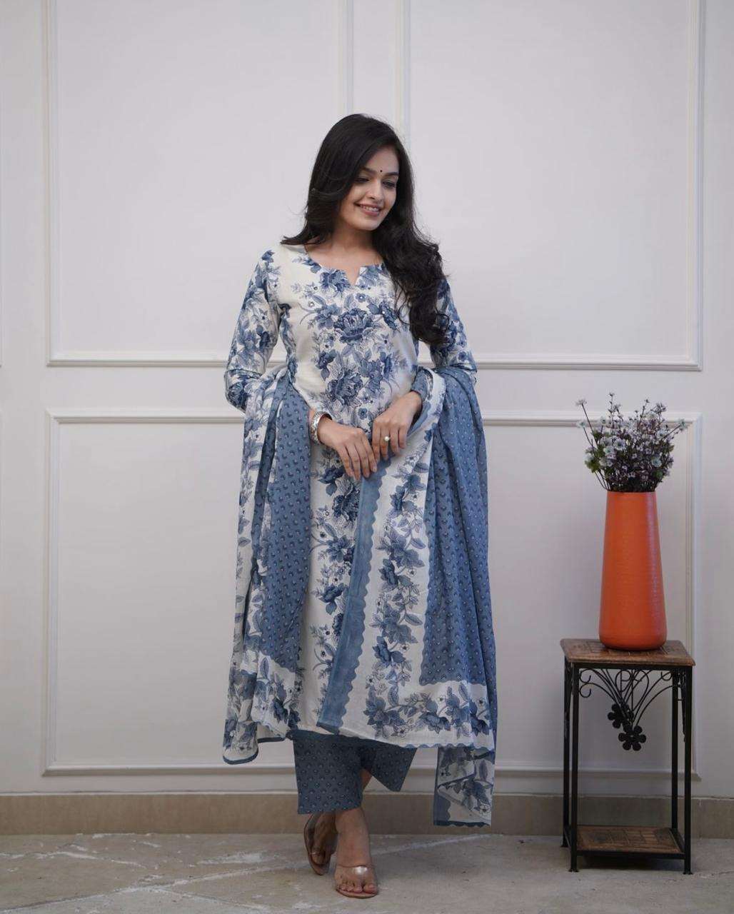 Floral printed sequence work cotton kurti set