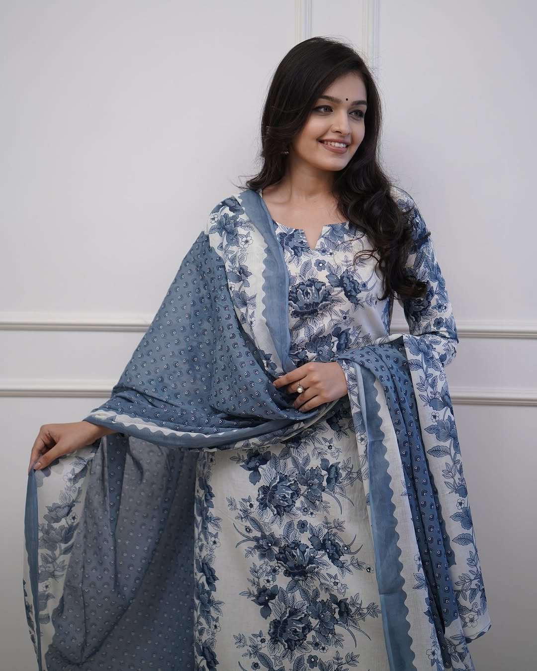Floral printed sequence work cotton kurti set