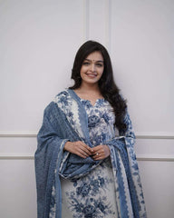 Floral printed sequence work cotton kurti set