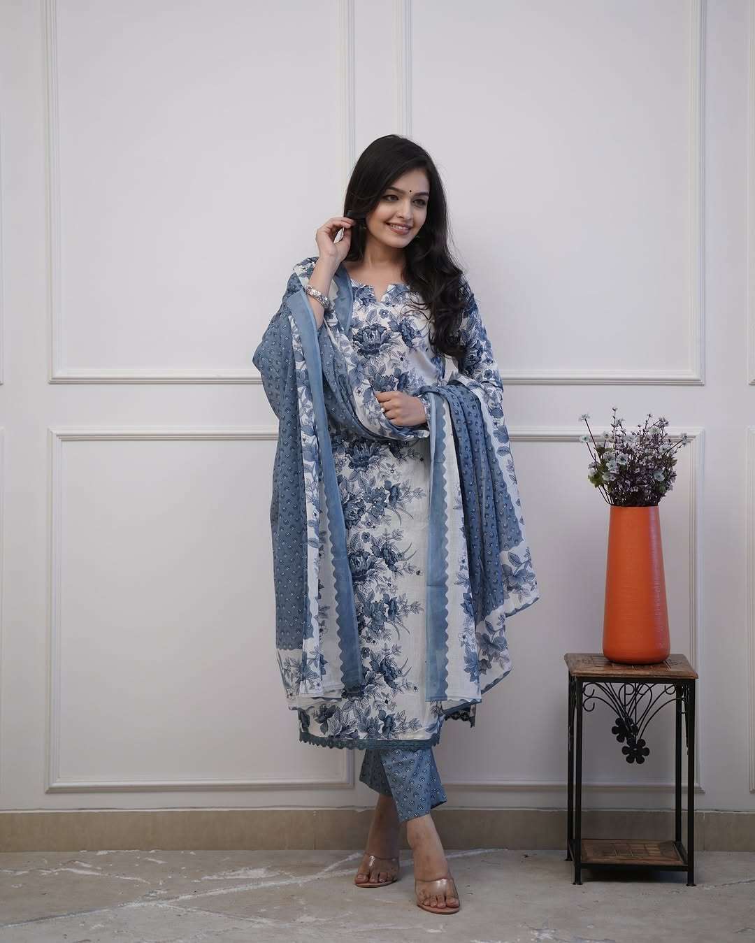 Floral printed sequence work cotton kurti set