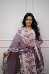 Floral printed sequence work cotton kurti set