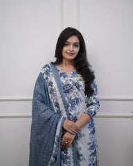 Floral printed sequence work cotton kurti set