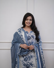 Floral printed sequence work cotton kurti set