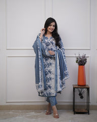 Floral printed sequence work cotton kurti set