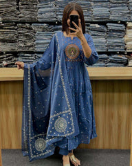 Embroidered anarkali kurta set with cotton pant and dupatta