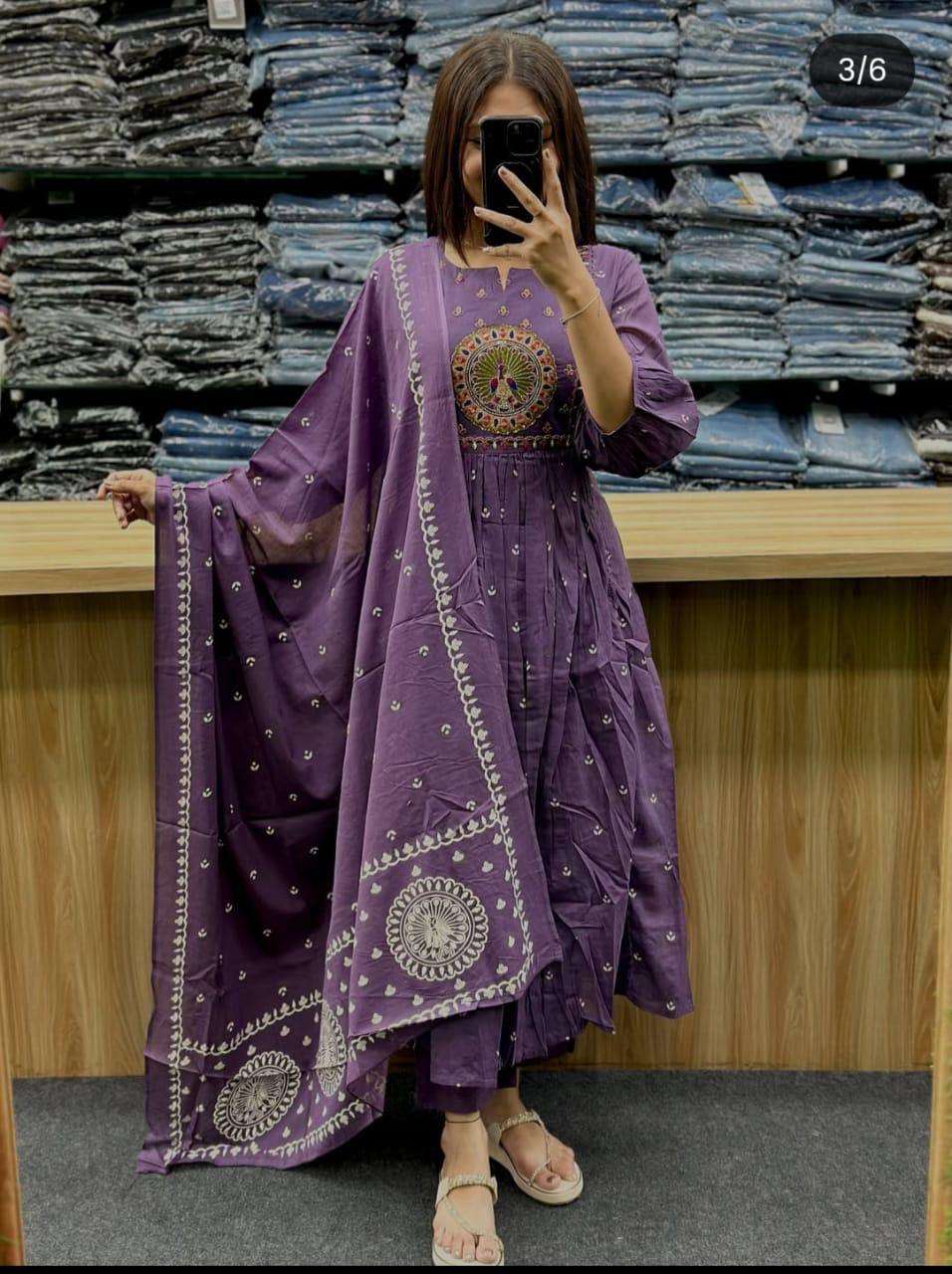 Embroidered anarkali kurta set with cotton pant and dupatta