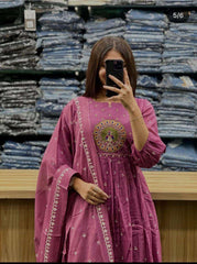 Embroidered anarkali kurta set with cotton pant and dupatta