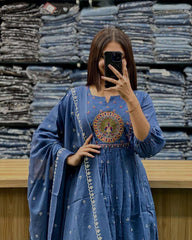 Embroidered anarkali kurta set with cotton pant and dupatta