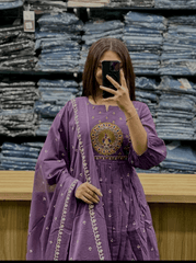 Embroidered anarkali kurta set with cotton pant and dupatta