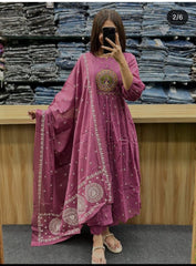 Embroidered anarkali kurta set with cotton pant and dupatta