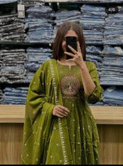 Embroidered anarkali kurta set with cotton pant and dupatta