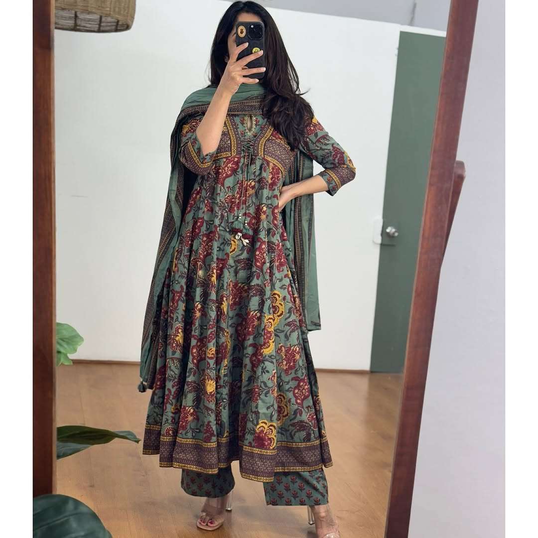 Beautiful mul cotton designer front anarkali set