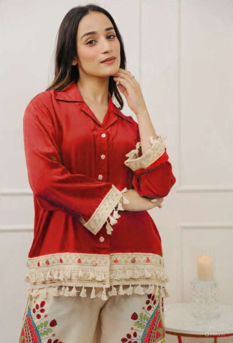 Designer cotton slub co-ord set with printed plazo (set of 2)