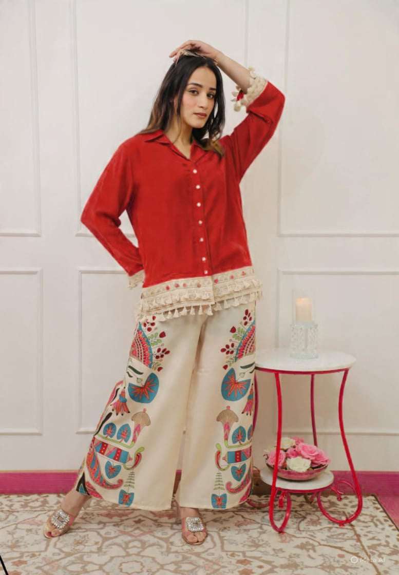 Designer cotton slub co-ord set with printed plazo (set of 2)