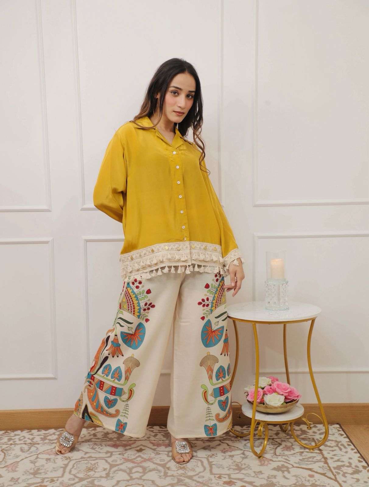 Designer cotton slub co-ord set with printed plazo (set of 2)