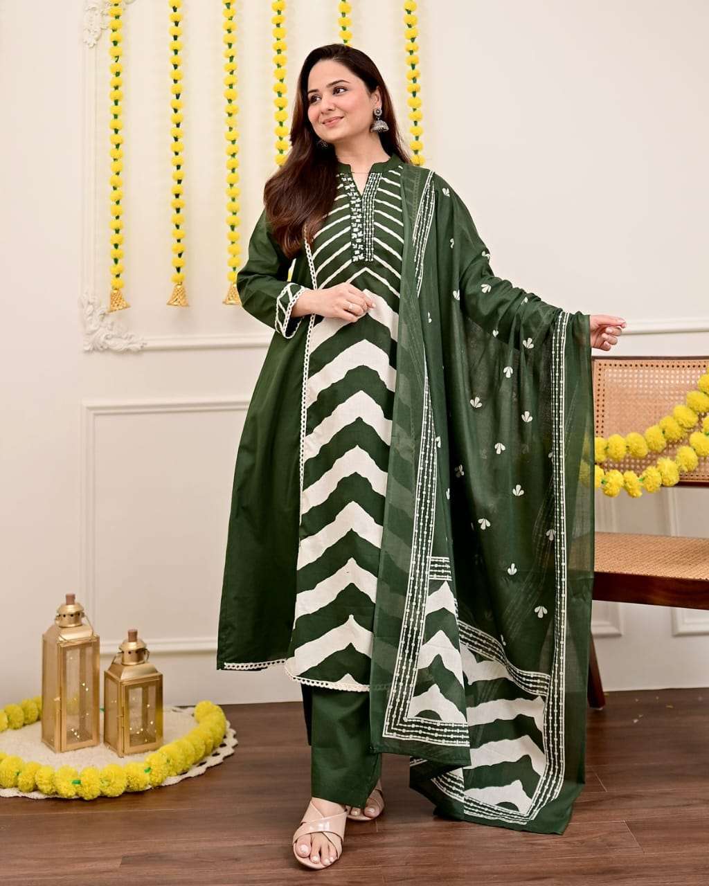Panel print pure cotton kurta-set with pant & dupatta