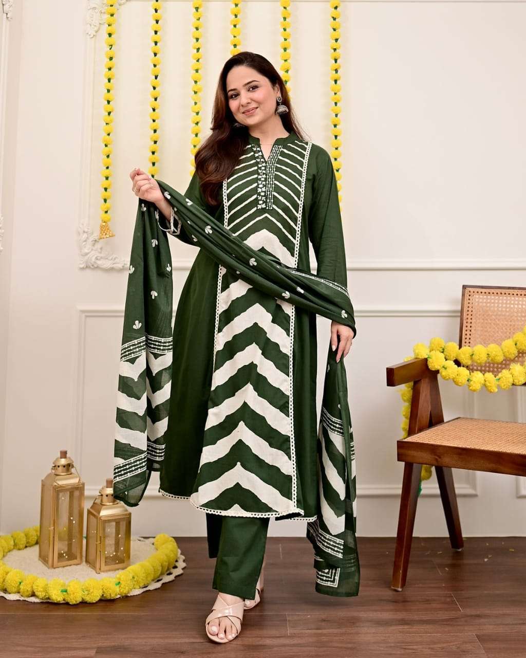 Panel print pure cotton kurta-set with pant & dupatta