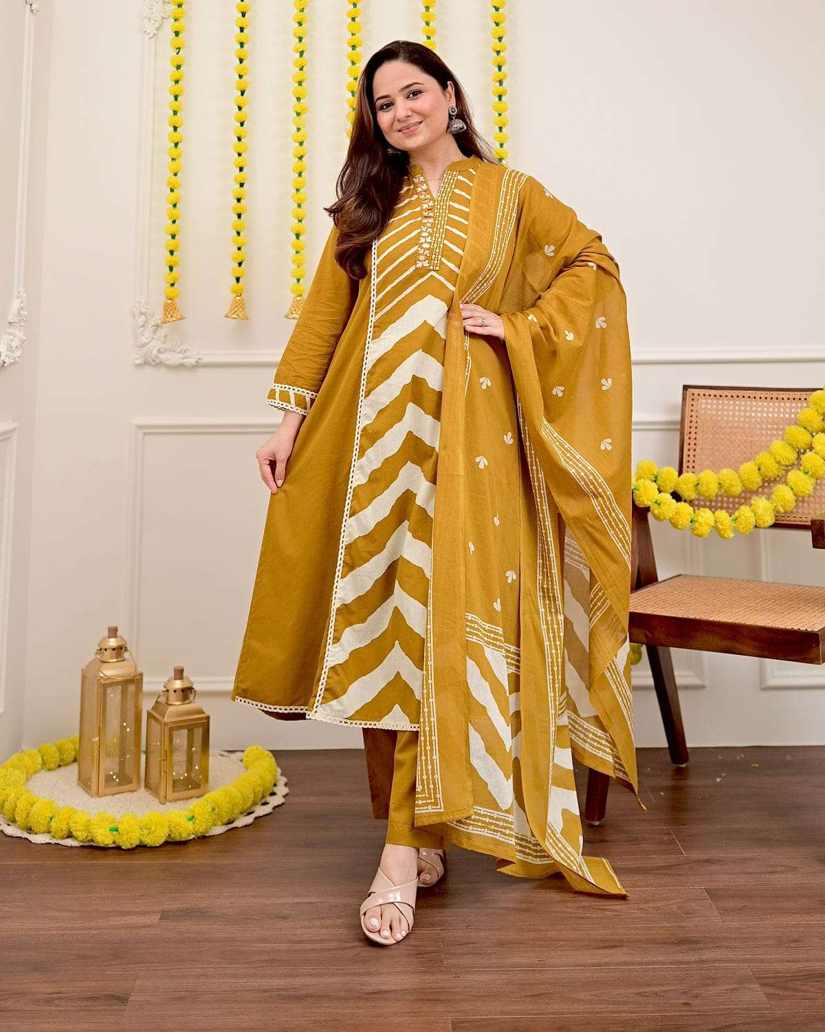 Panel print pure cotton kurta-set with pant & dupatta