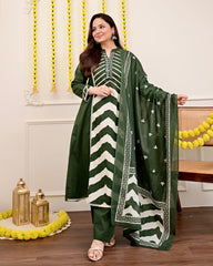 Panel print pure cotton kurta-set with pant & dupatta