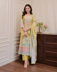 Digitally printed yellow maslin kurta (set of 3)