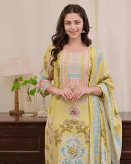 Digitally printed yellow maslin kurta (set of 3)