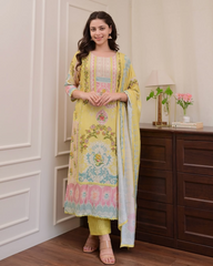 Digitally printed yellow maslin kurta (set of 3)
