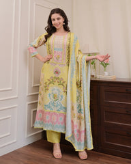 Digitally printed yellow maslin kurta (set of 3)
