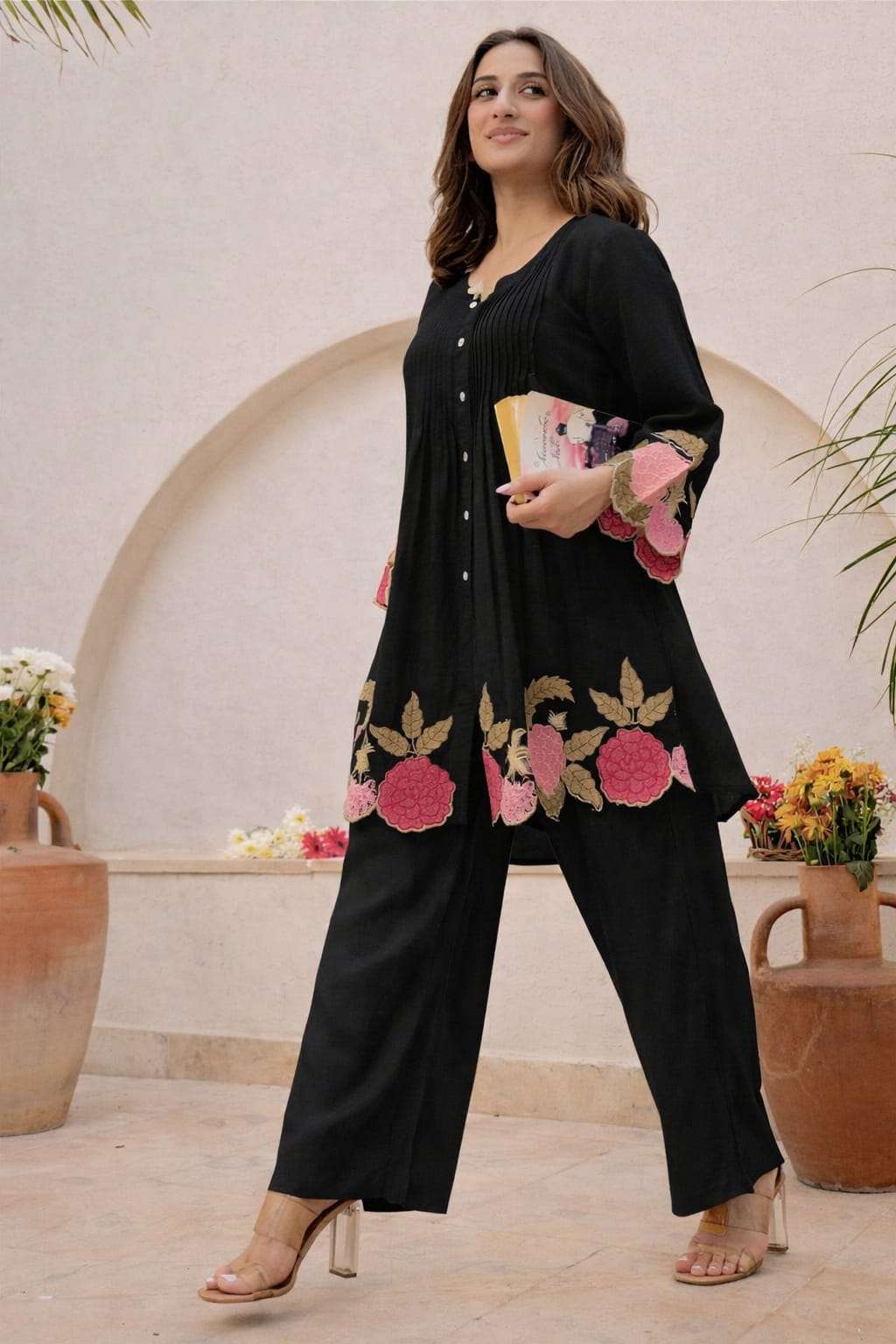 Embroidered cotton co-ord set with shantoon pants