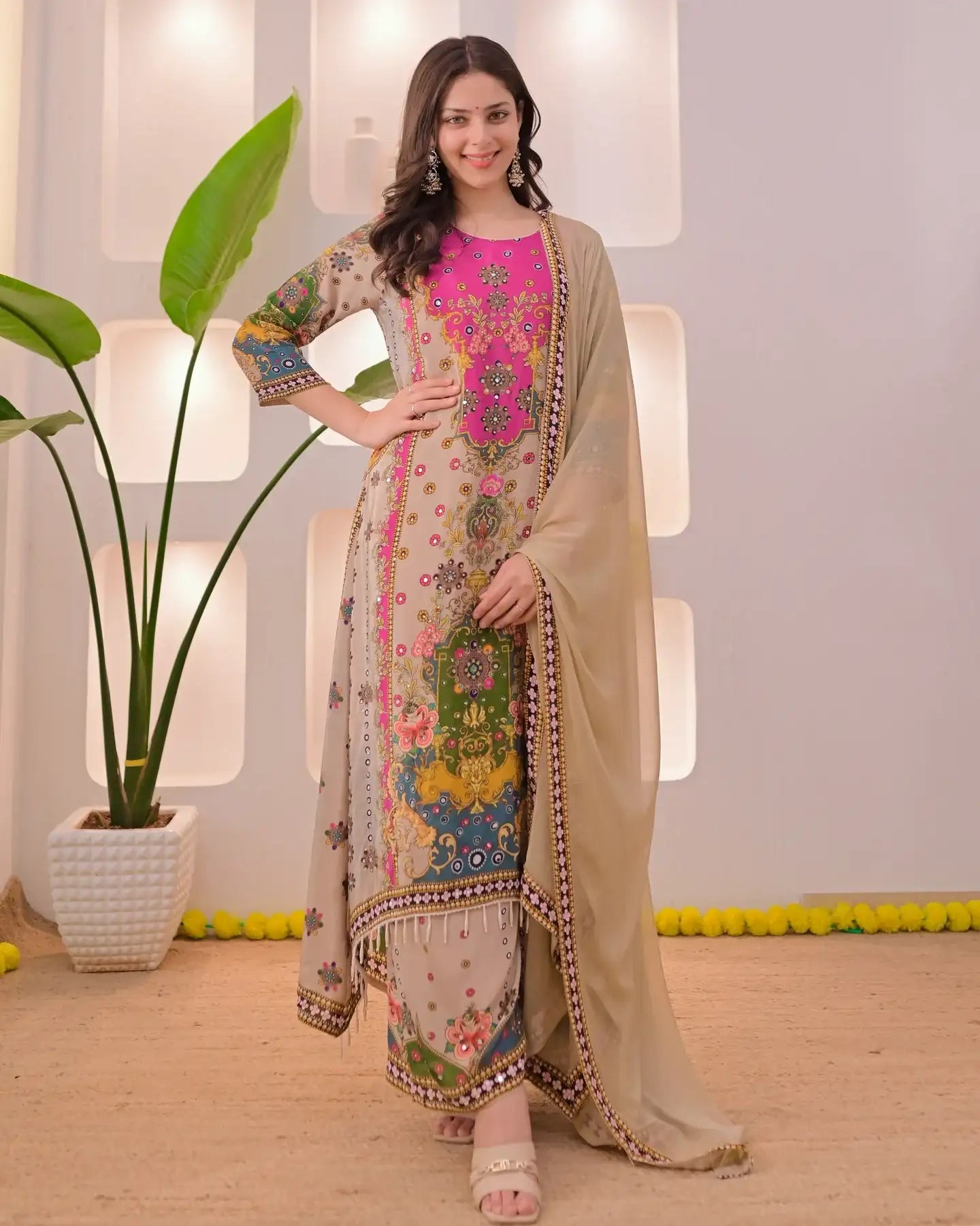 Noor-e-mahal golden beige festive suit (set of 3)