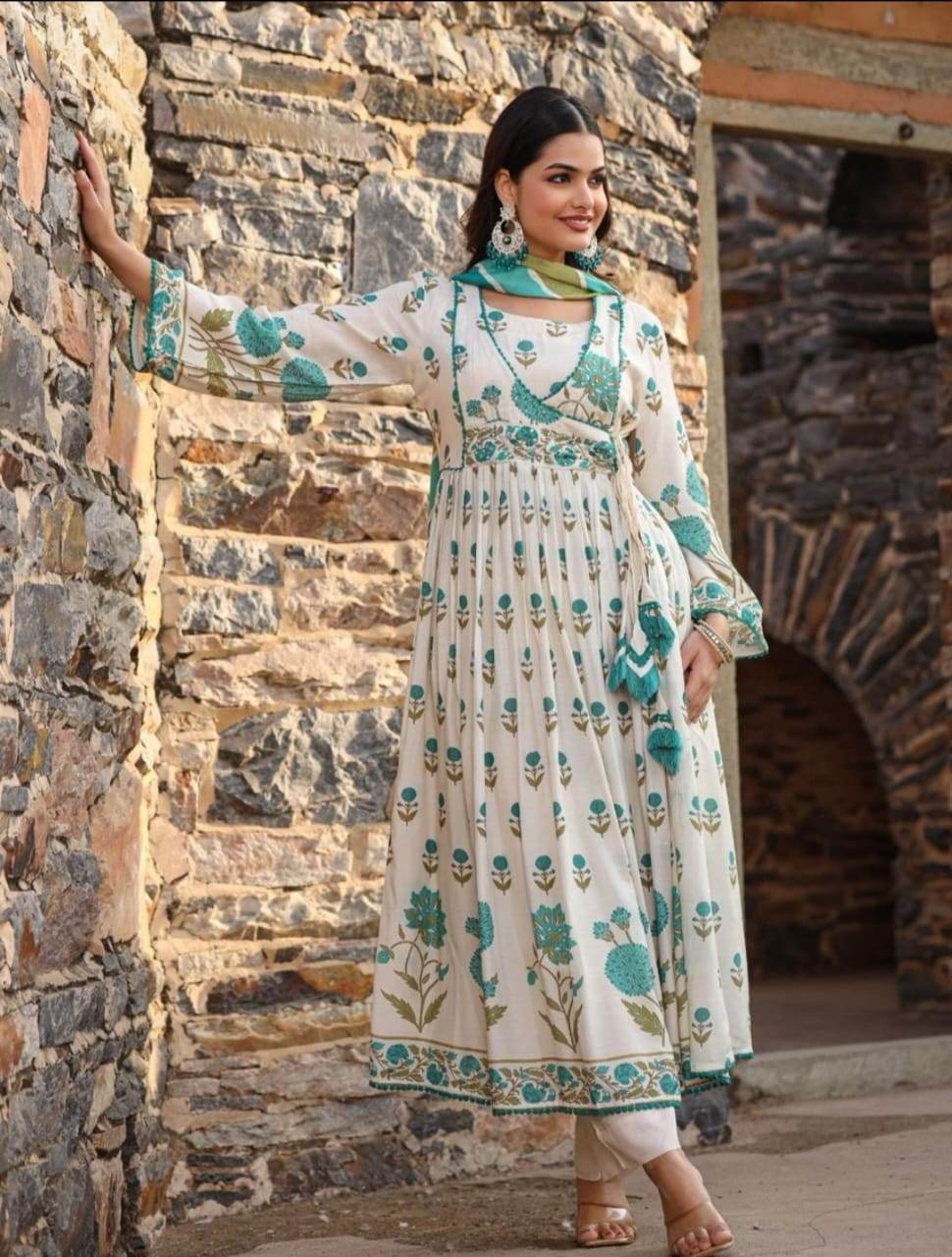 Embroidery yoke aliya cut style with beautiful print and naira cut kurta set - Eraya