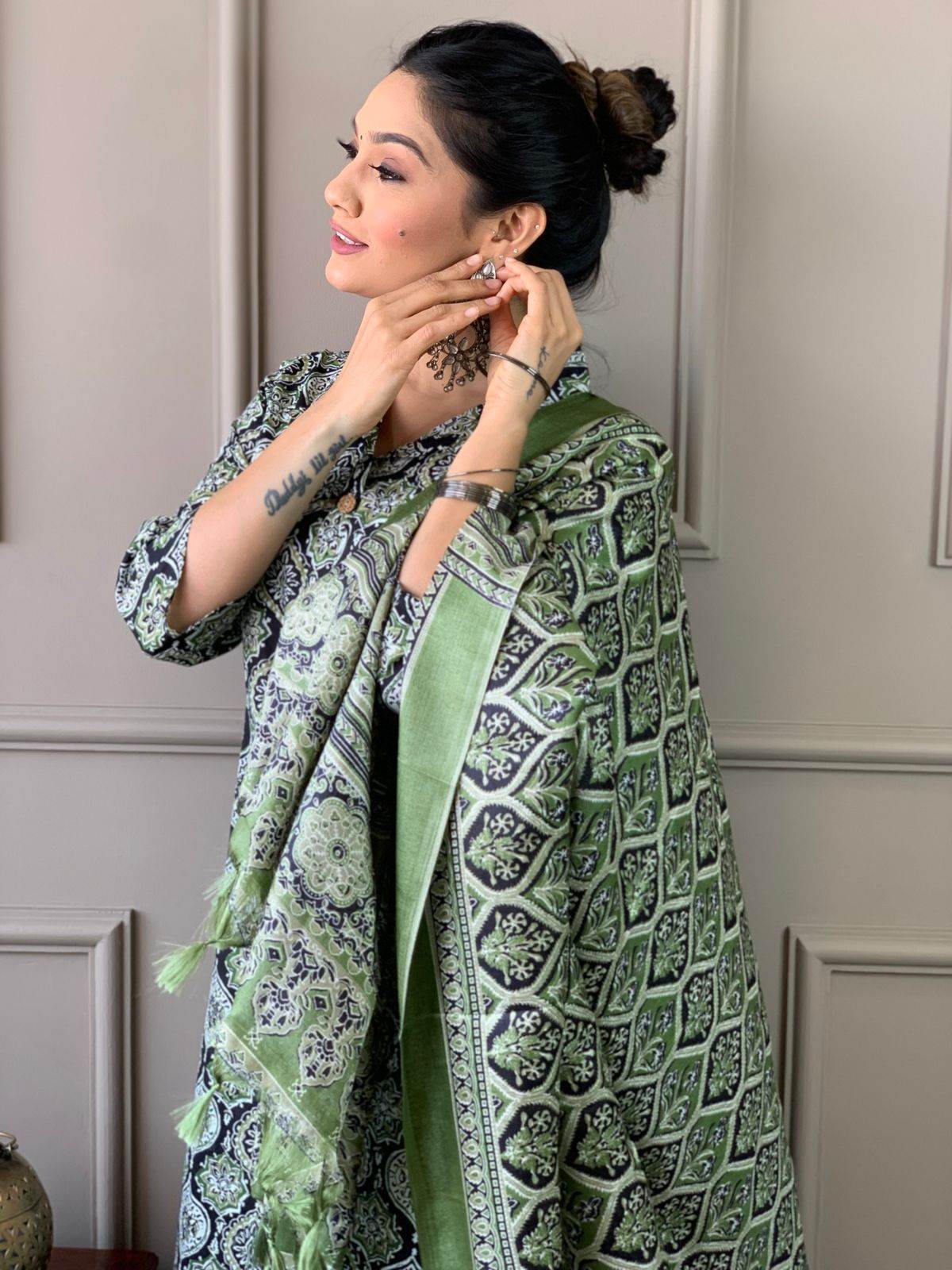 Ajrakh work cotton kurta with cotton pant and silk dupatta - Eraya