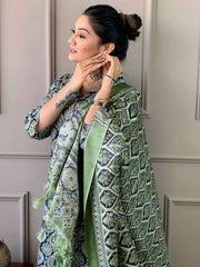Ajrakh work cotton kurta with cotton pant and silk dupatta - Eraya