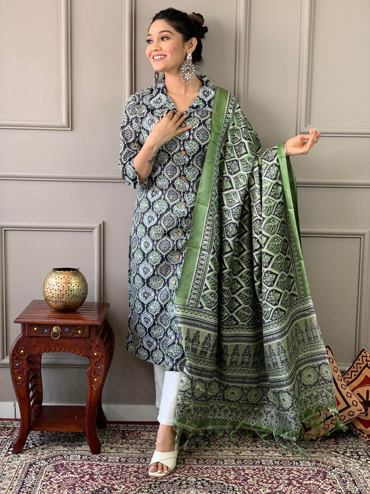 Ajrakh work cotton kurta with cotton pant and silk dupatta - Eraya