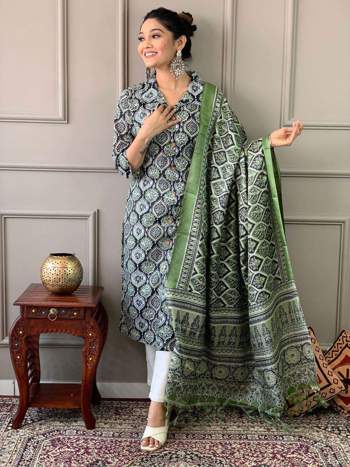 Ajrakh work cotton kurta with cotton pant and silk dupatta - Eraya