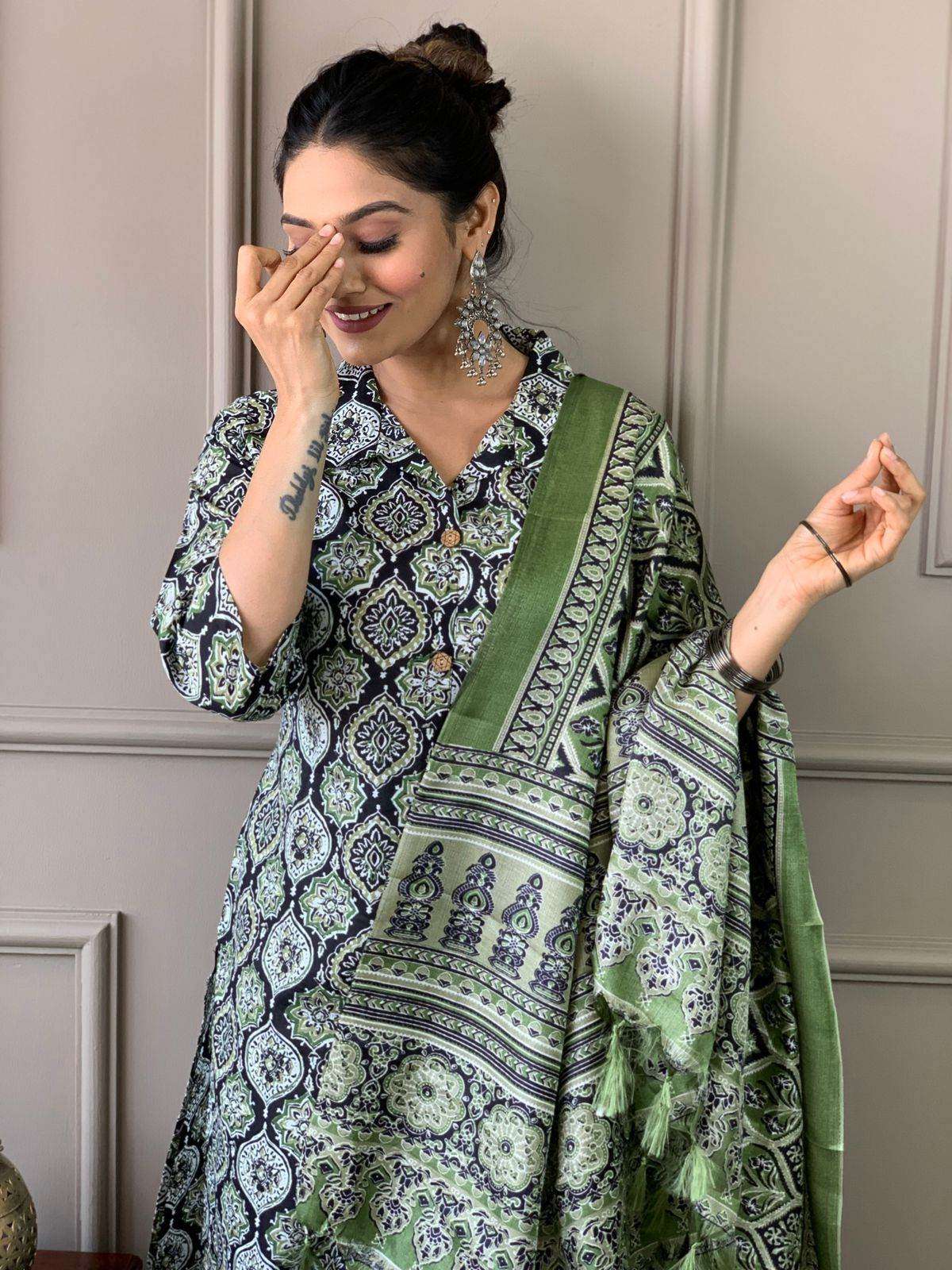 Ajrakh work cotton kurta with cotton pant and silk dupatta - Eraya