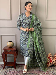 Ajrakh work cotton kurta with cotton pant and silk dupatta - Eraya