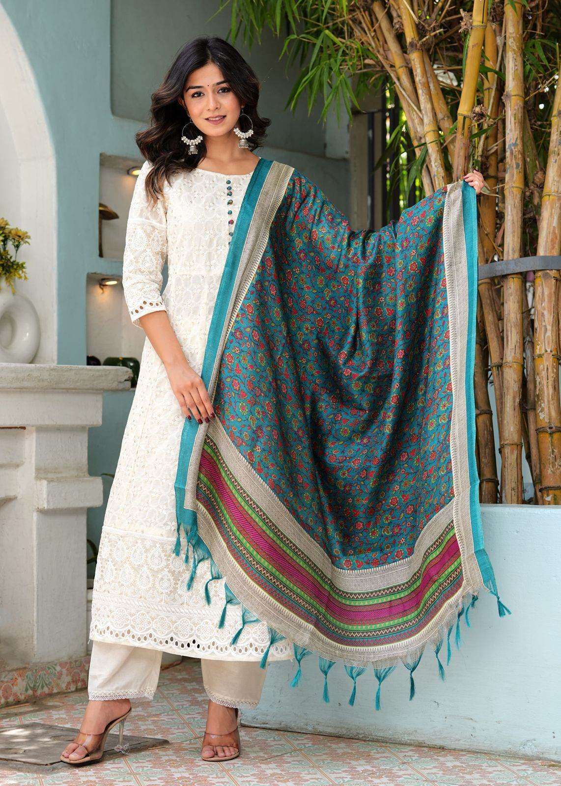 Pure lucknowi chikankari anarkali kurta with chanderi digital print dupatta - Eraya