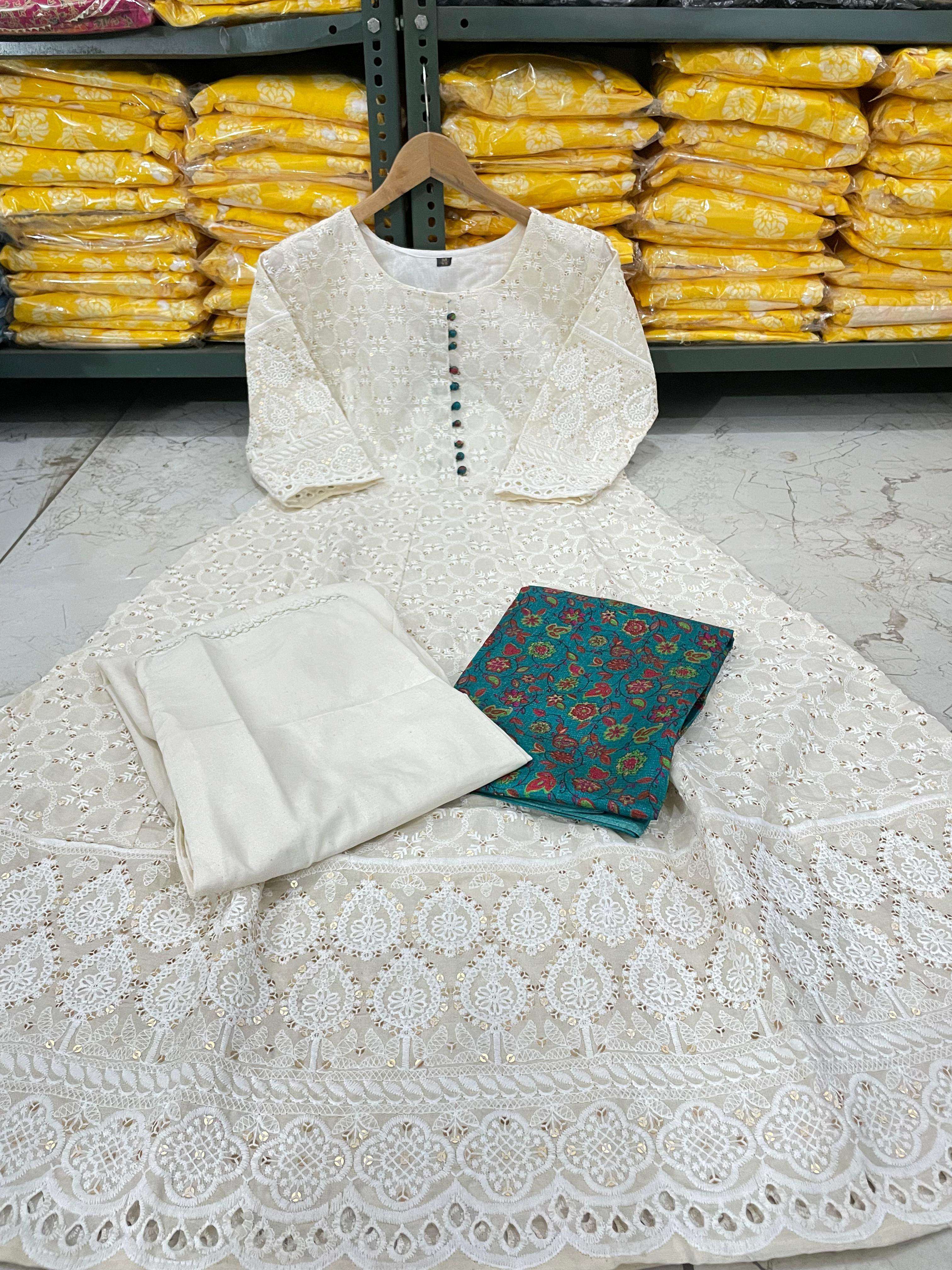 Pure lucknowi chikankari anarkali kurta with chanderi digital print dupatta - Eraya
