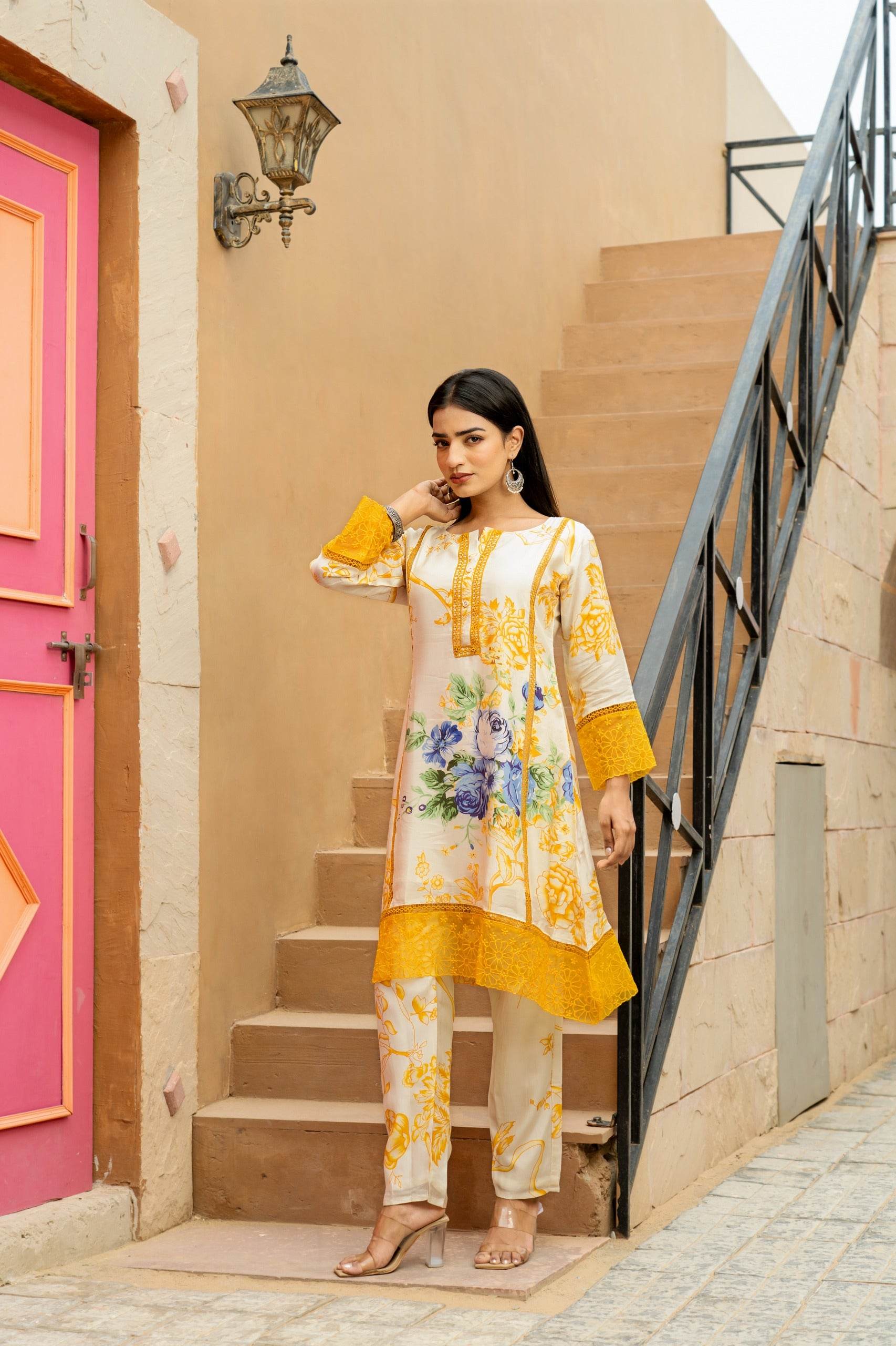 Elegance of maslin: A modernized digital printed and lace work co-ord set - Eraya