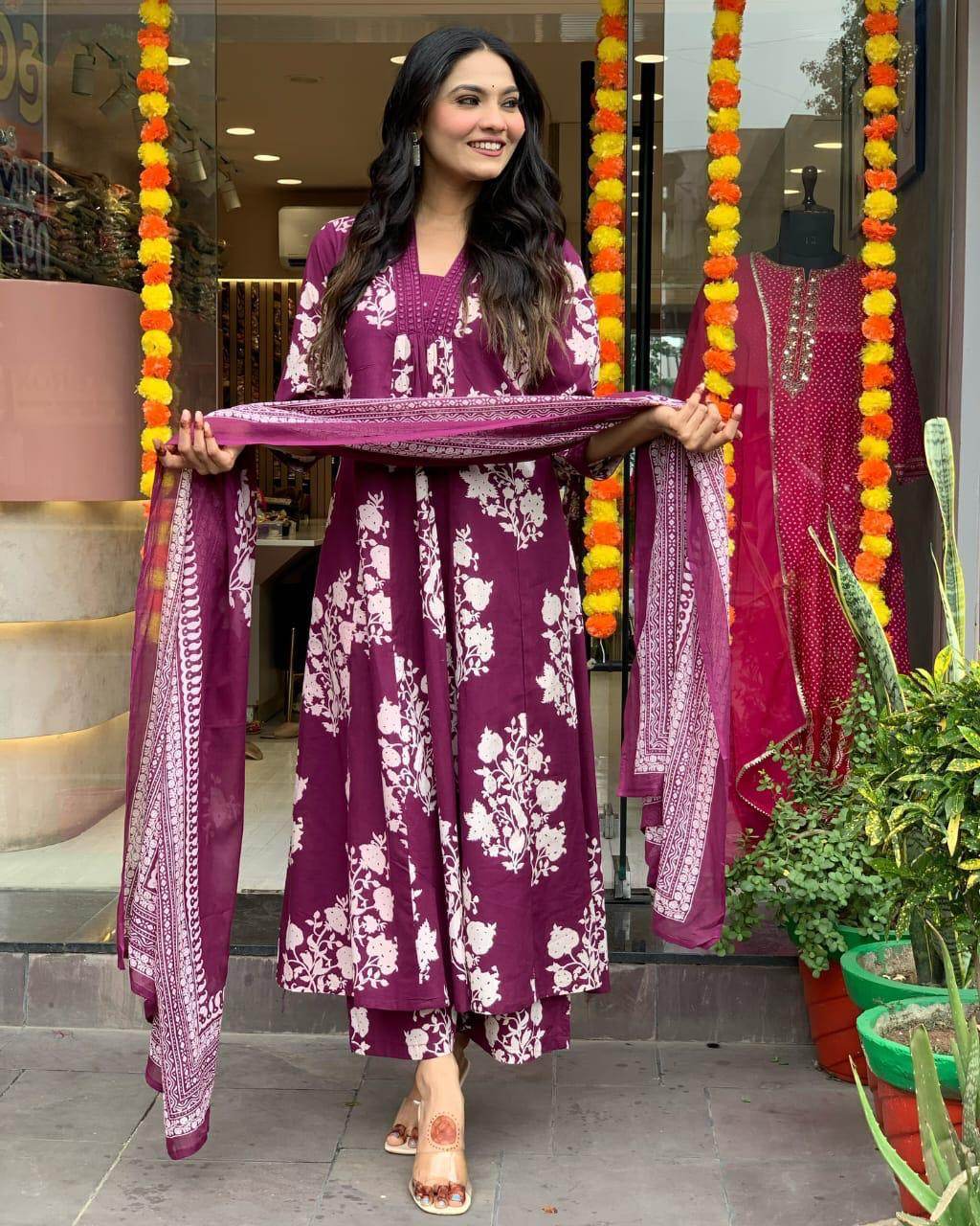 Three piece cotton floral kurti set - Eraya