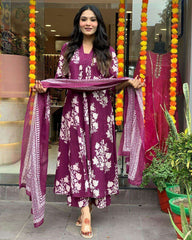 Three piece cotton floral kurti set - Eraya