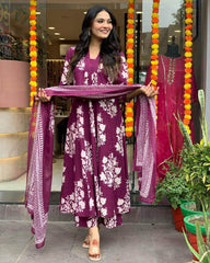 Three piece cotton floral kurti set - Eraya