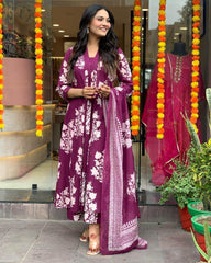 Three piece cotton floral kurti set - Eraya