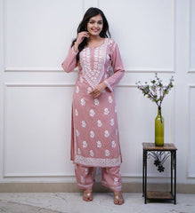 Heavy chikan work co-ordinated kurti pant set