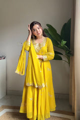Haldi special mustard anarkali gown and dupatta (set of 2)