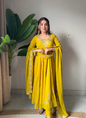 Haldi special mustard anarkali gown and dupatta (set of 2)