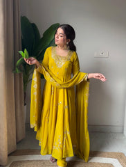 Haldi special mustard anarkali gown and dupatta (set of 2)