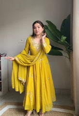 Haldi special mustard anarkali gown and dupatta (set of 2)